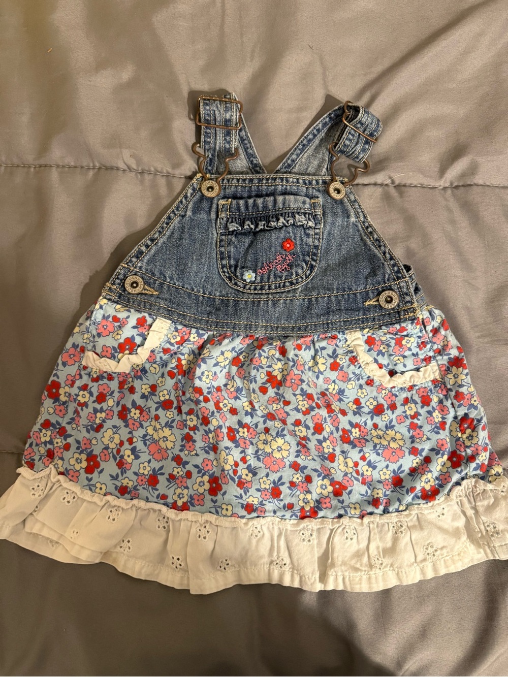 OshKosh B'gosh Blue Denim Floral Skirt-Overalls with White Eyelet Hem